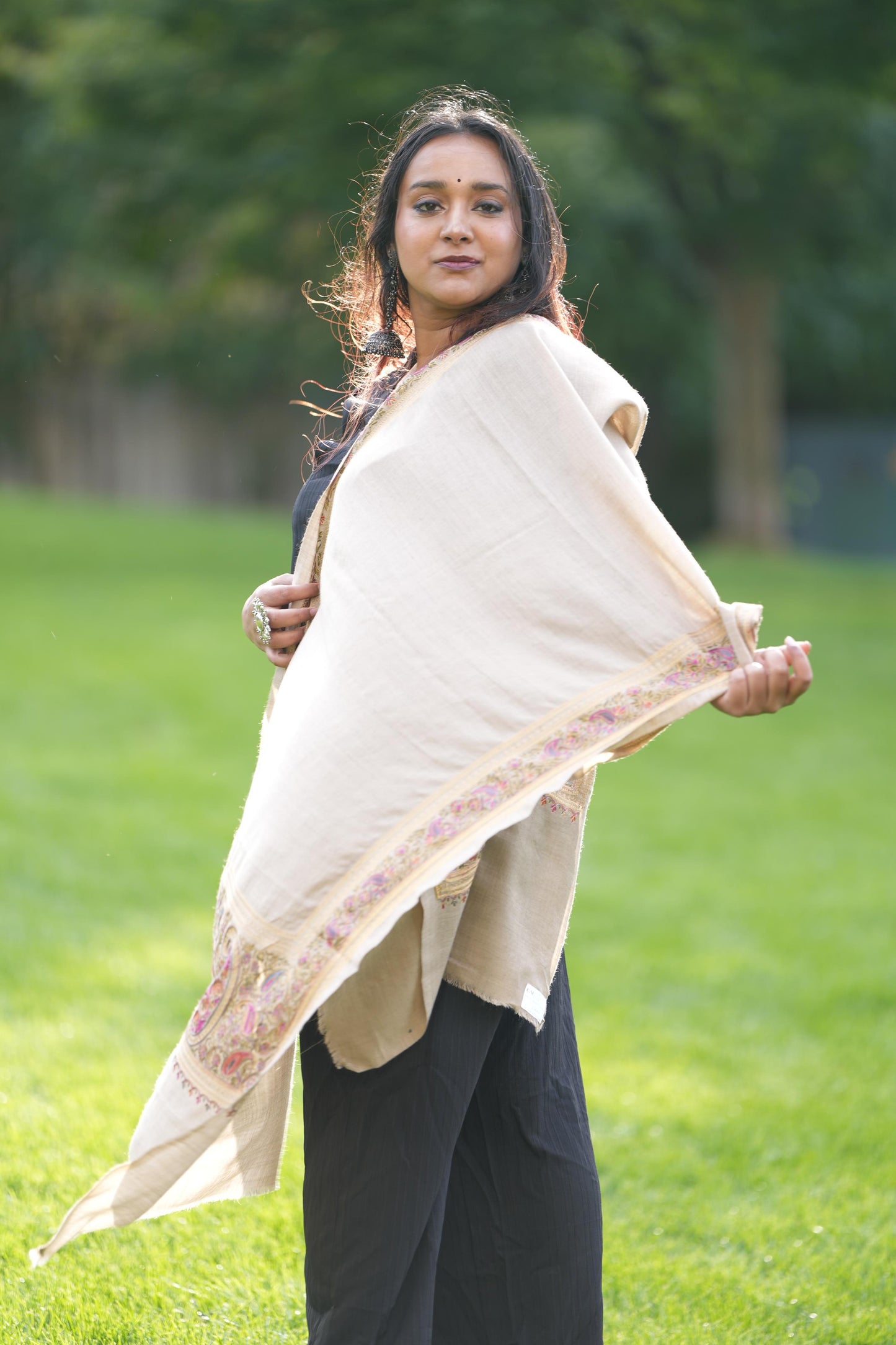 Beige Aarie Tilla Border Embroidery Stole